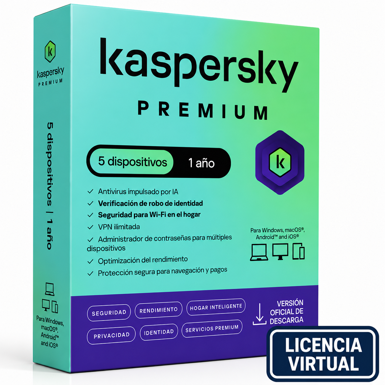 Kaspersky Premium, para 5 PCs, Lic 1 año, Producto Virtual.