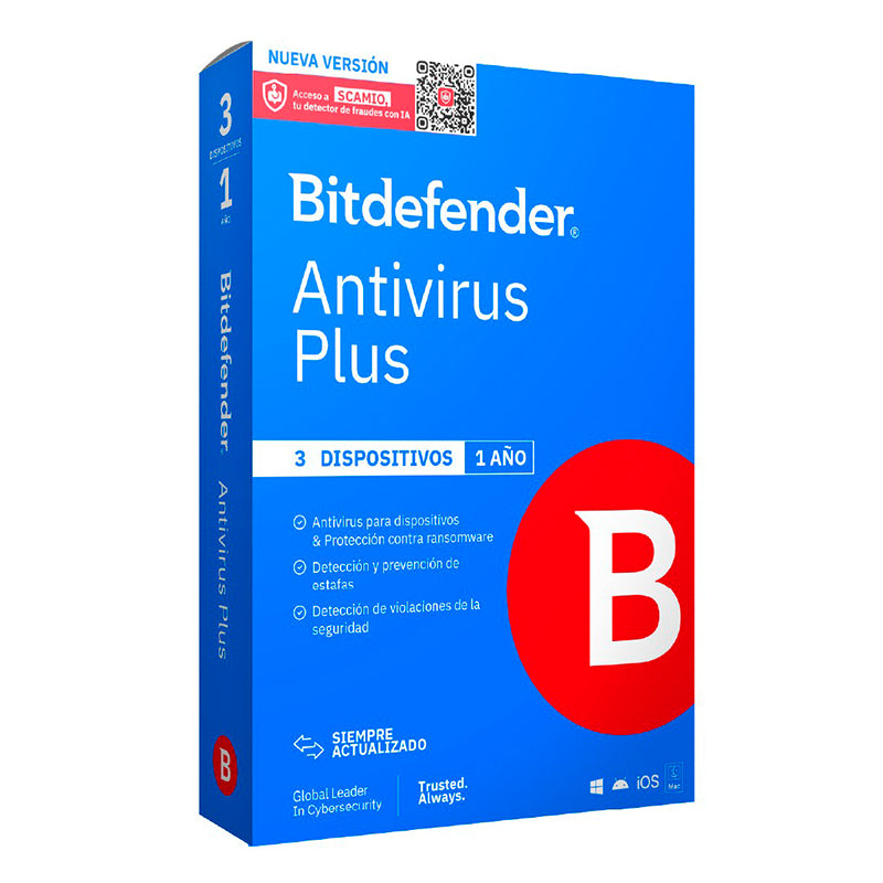 Software Bitdefender Antivirus Plus, Licencia Para 3 Pcs, Por 12 Meses