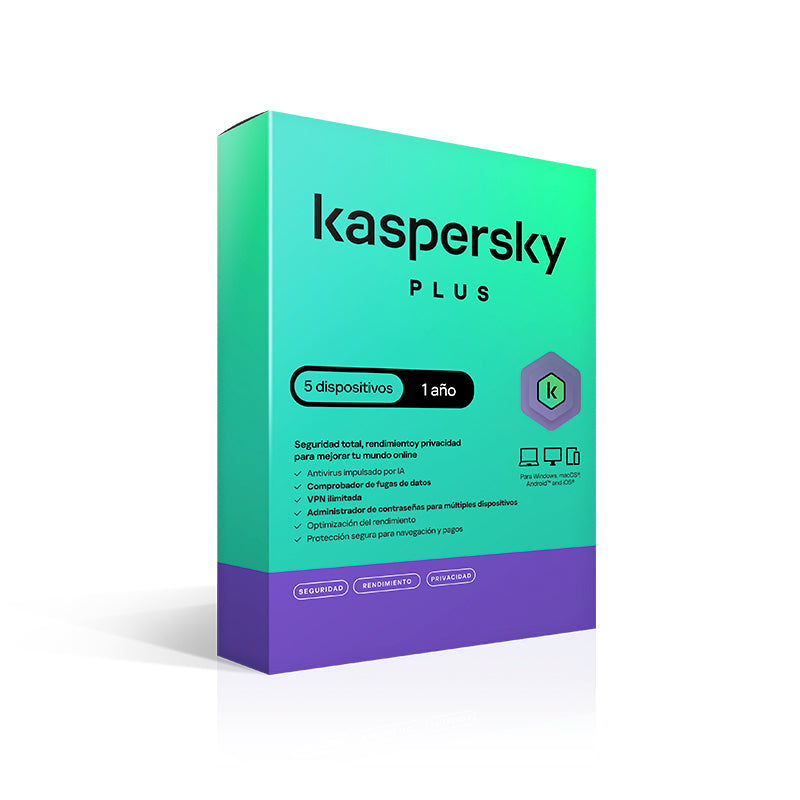 Antivirus Kaspersky Plus, Para 5 Pcs, Licencia de 1 Año, Producto Virtual.