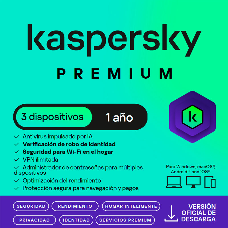 Antivirus Kaspersky Premium, Para 3 Pcs, Licencia de 1 Año, Producto Virtual.