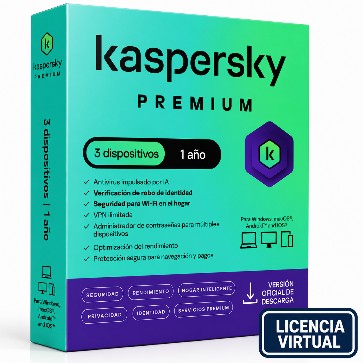 Antivirus Kaspersky Premium, Para 3 Pcs, Licencia de 1 Año, Producto Virtual.