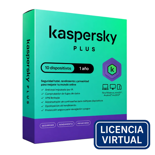 Antivirus Kaspersky Plus, Para 10 Pcs, Lic 1 Año,Producto Virtual.