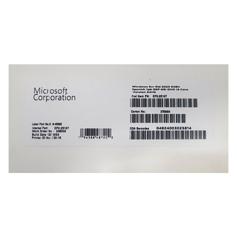Sistema Operativo Microsoft Windows Svr Std 2025 64Bit 1Pk Spanish Oem (Ep2-25197)[@@