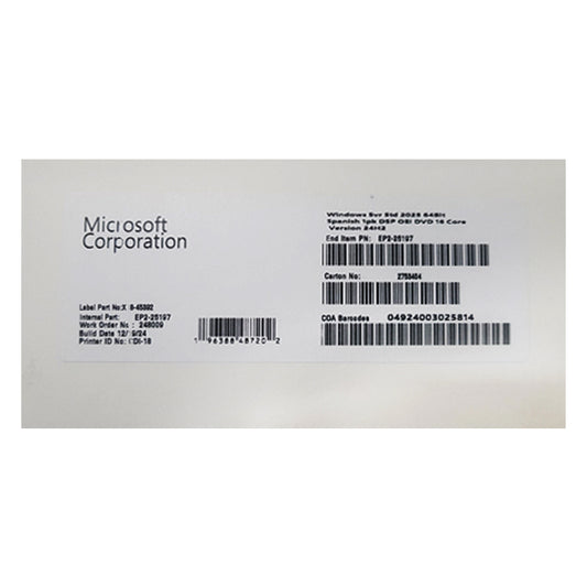 Sistema Operativo Microsoft Windows Svr Std 2025 64Bit 1Pk Spanish Oem (Ep2-25197)[@@
