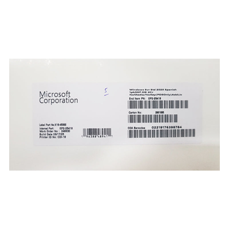 Microsoft Windows Svr Std 2025 Spanish Oei 2Cr (Apos) (Ep2-25418)