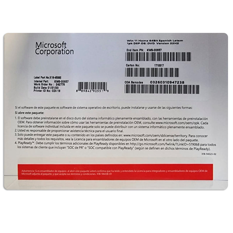 Sistema Operativo Microsoft Windows Home 11, 64 Bits, Español, 1Pk, Dsp Oem Dvd